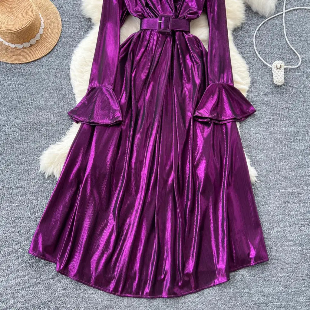 Autumn Vintage Pleated Women Long Dress Elegant Stand Collar Solid A-Line Party Prom Vestidos Female Birthday Clothes Mujers