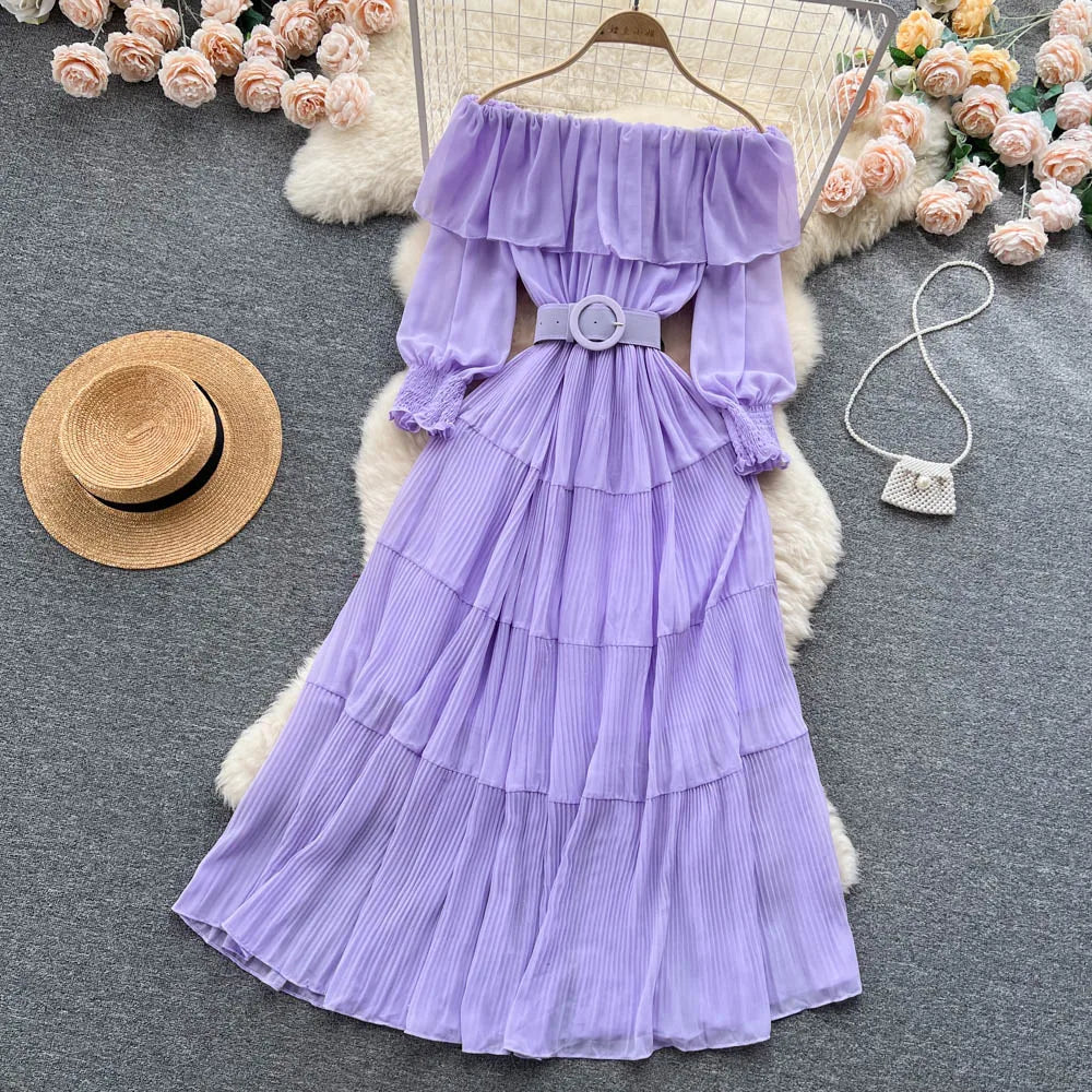 Vintage Pleated Slash Neck Off Shoulder High Waist Dress Long Sleeve Dress Chic Summer Beach Vestidos Women Vacation Sundress