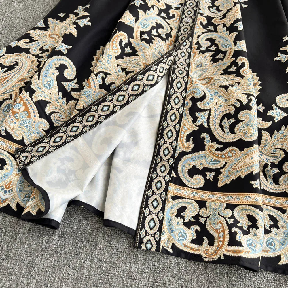 Retro Printed Party Dress Women Polo Collar Long Sleeve Elegant Long Dresses Spring Autumn French Single Breasted Shirt Dress