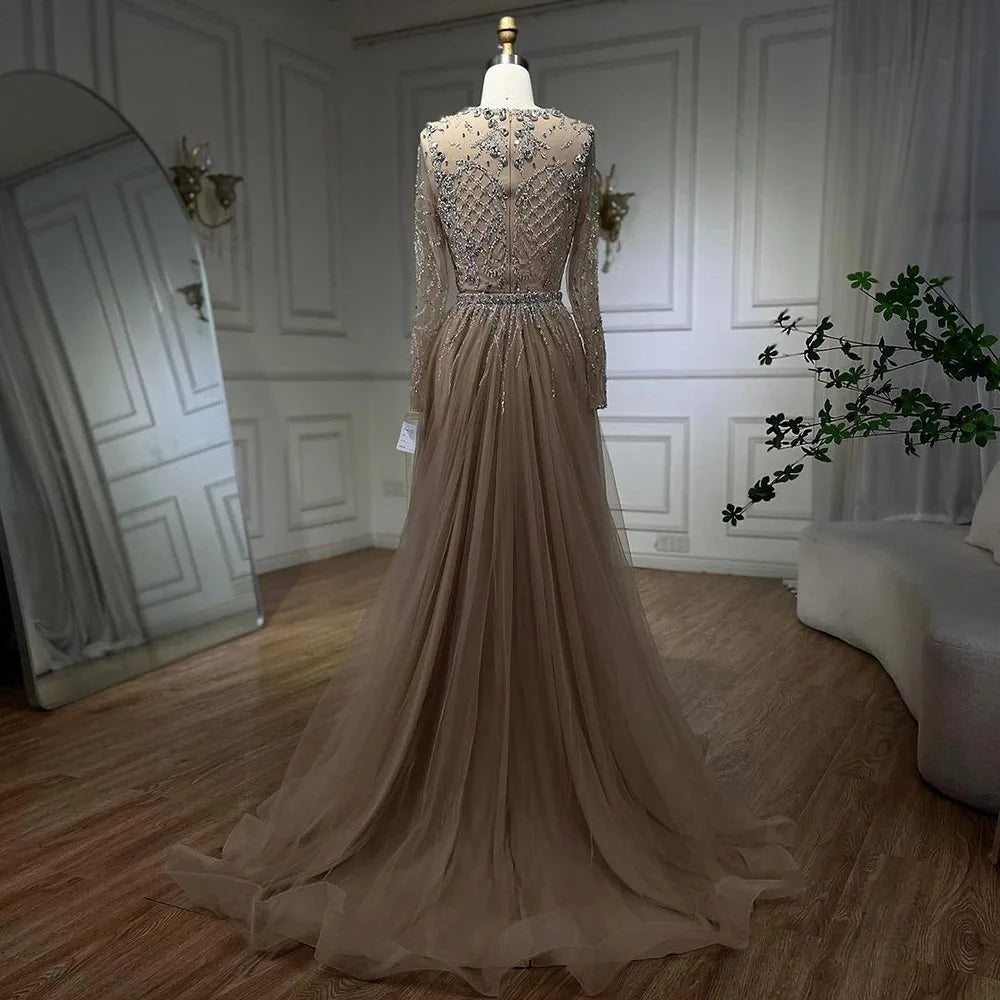 Serene Hill Muslim Silver Nude Mermaid Gown with Detachable Overskirt Beaded Evening Dress for Women Wedding Party 2024 LA71919