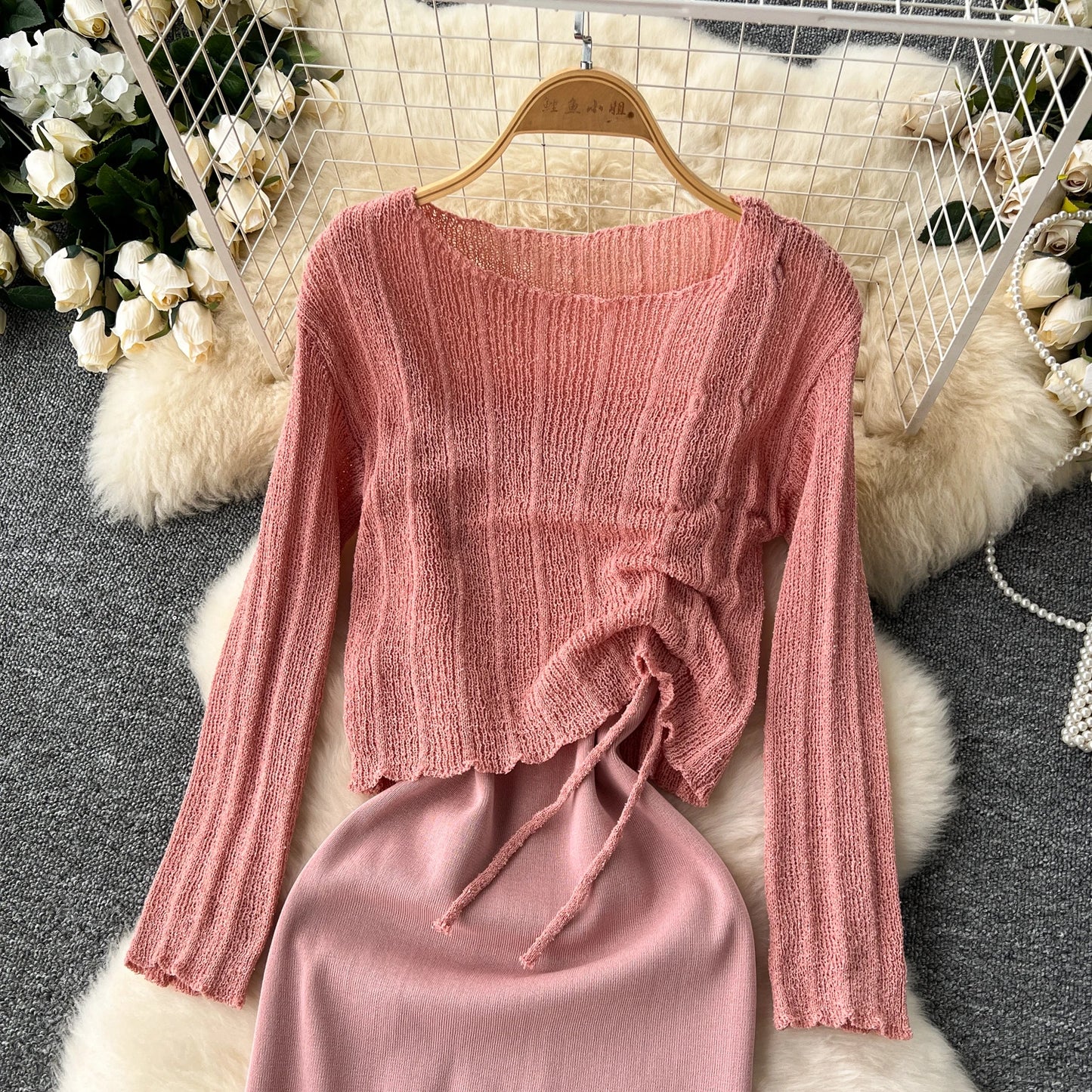 French Vintage Shirring lool sleeve slip knit overcoat with sweet slip A-line Chic Casual Vacation Women Summer dresses