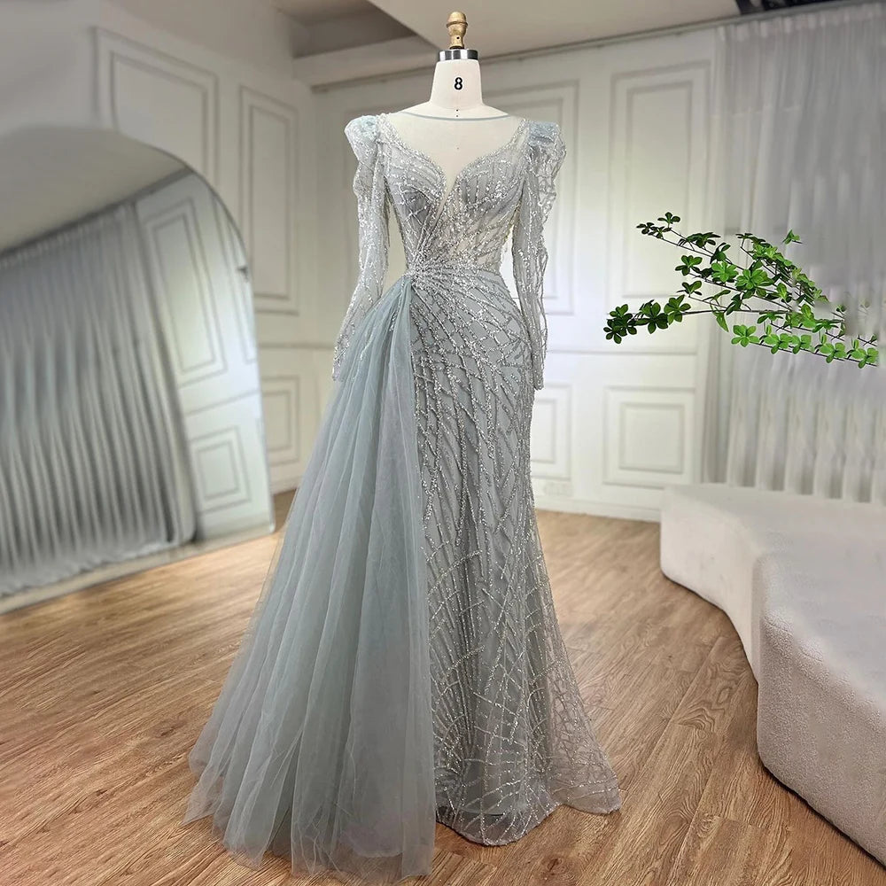 Serene Hill Muslim Gold Mermaid Beaded Luxury Dubai Evening Dresses Gowns With Overskirt 2024 For Women Party LA72206