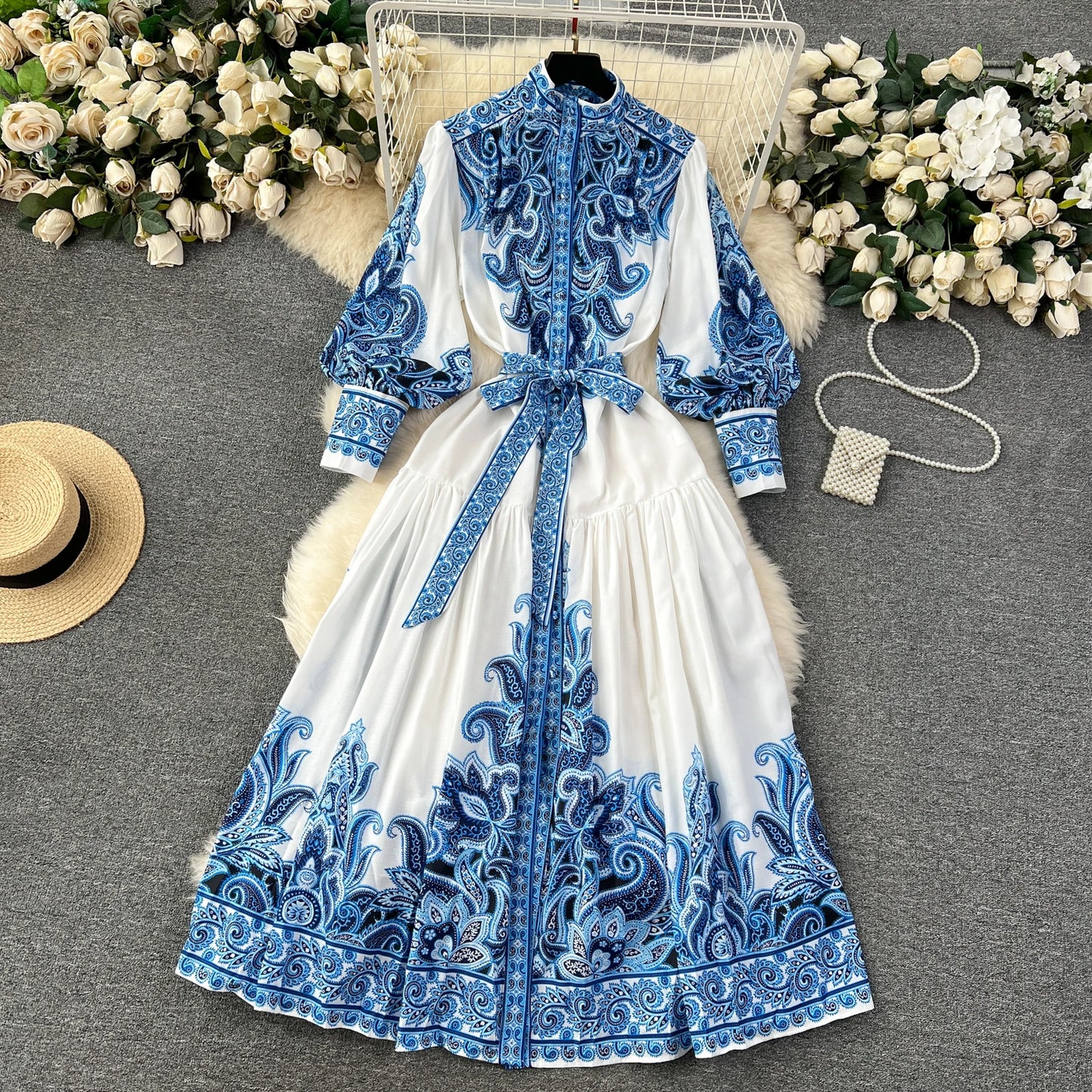Vintage Print Elegant Half High Collar Lantern Long Sleeve Dress A-line Casual Women Fashion Autumn Spring Vestidos
