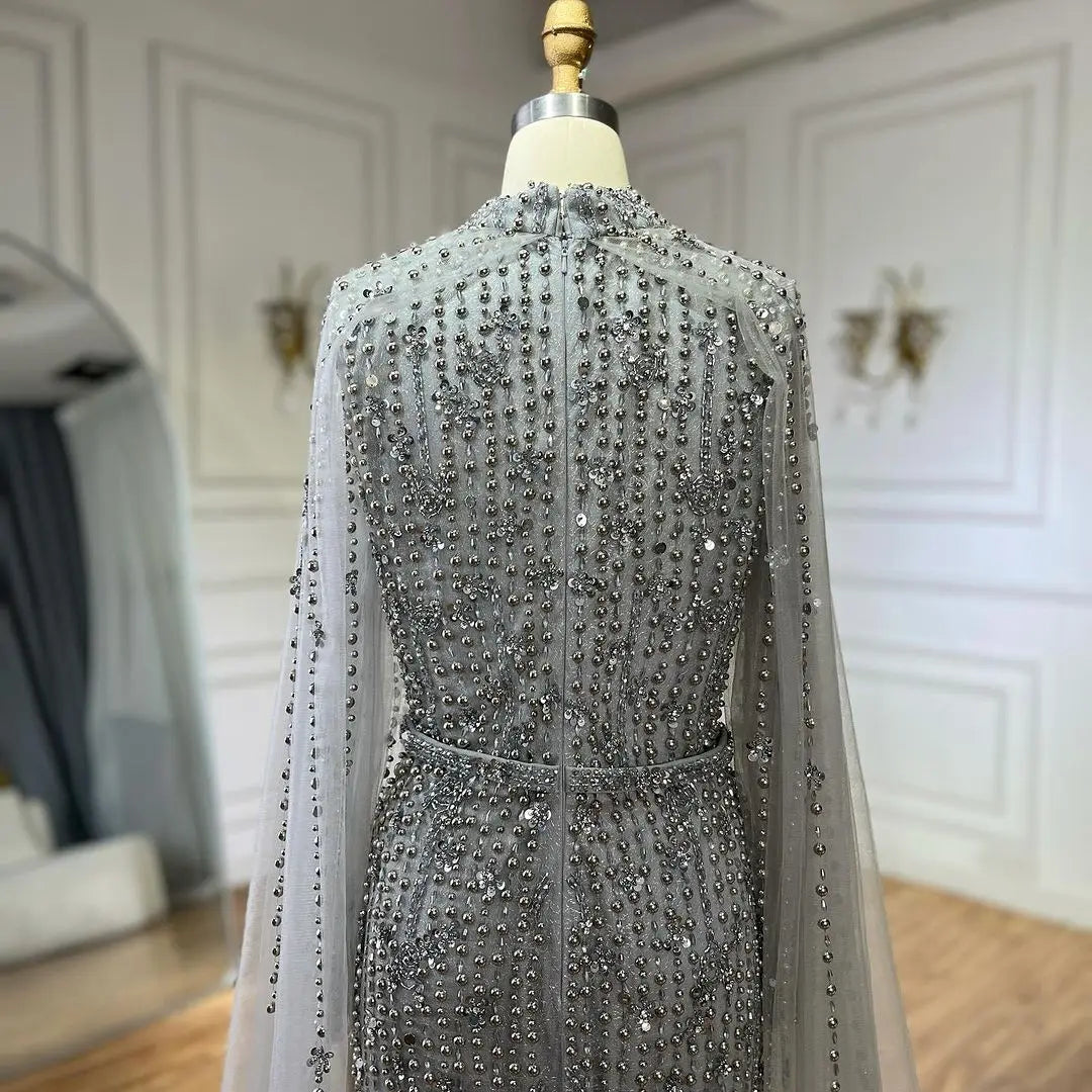SERENE HILL 2024 Arabic Nude Mermaid Cape Long Sleeves Luxury Beaded Evening Dresses Formal Gowns Women Wedding Party GLA72372