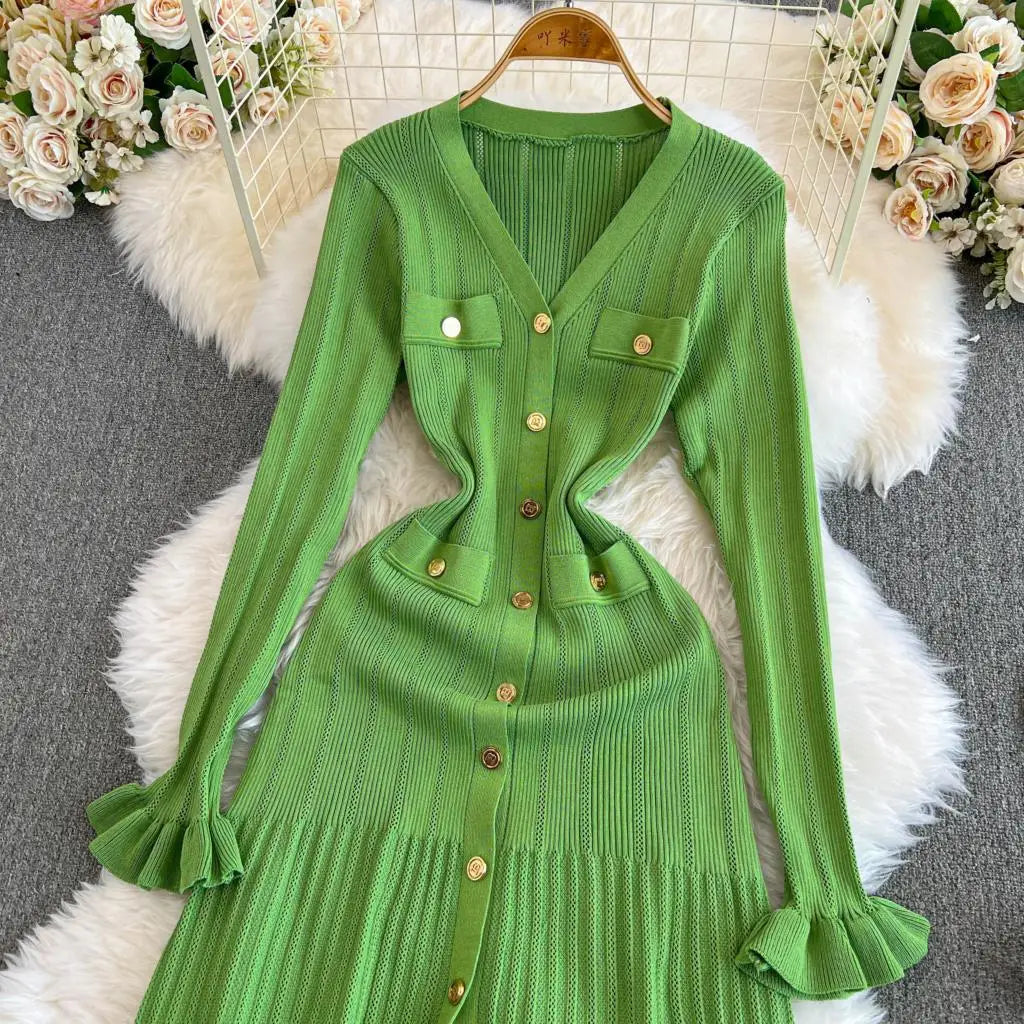 Women Vintage Mermaid Knitted Dress Elegant Casual Single Breasted Bodycon Slim Evening Dresses Female One Piece Clothes Mujers