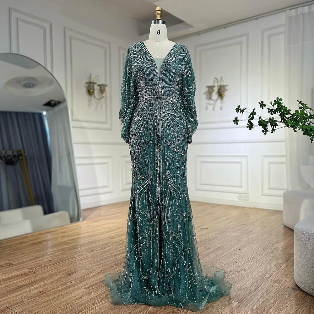 SERENE HILL 2024 Arabic Gold Elegant Mermaid Black Luxury Beaded Evening Dresses Gowns Diamond For Women Wedding Party GLA72288A