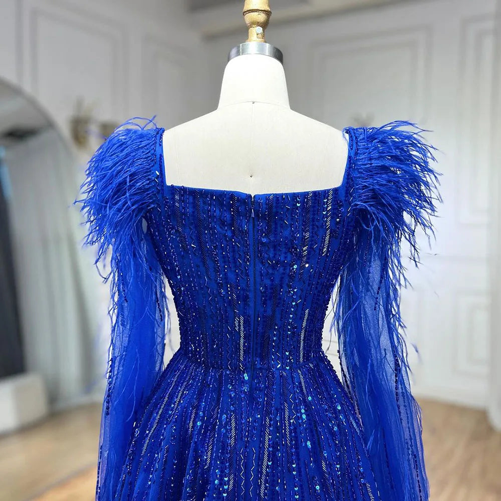 Serene Hill Luxury Dubai A Line Blue Cape Sleeves Feathers Beaded Evening Dresses Gowns 2023 For Women Wedding Party BLA72236