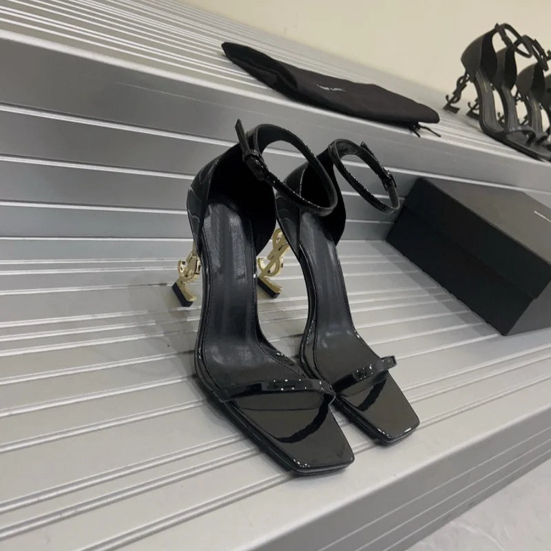 High quality one-line sandals women 2024 new European and American black patent leather sexy letter heels women