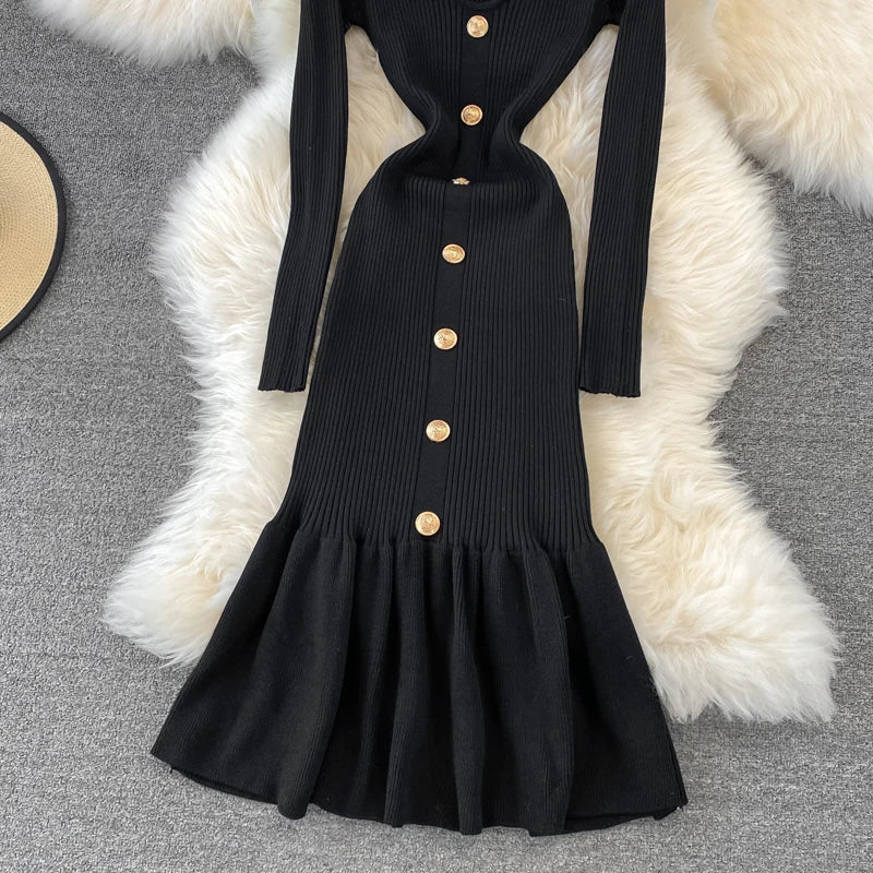 Chic V Neck Long Sleeve Elegant Mermaid Dress Sexy slim Evening Party French Fashion Knit Vestidos High Waist Autumn Slim Robe
