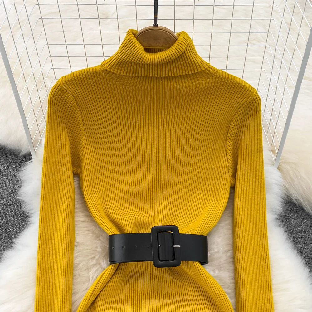 Elegant Turtleneck Long Sleeve Knit Soft Tight Pencil Dress with Belt Slim Fashion Warm Sweater Vestido Sexy Women Winter Robe