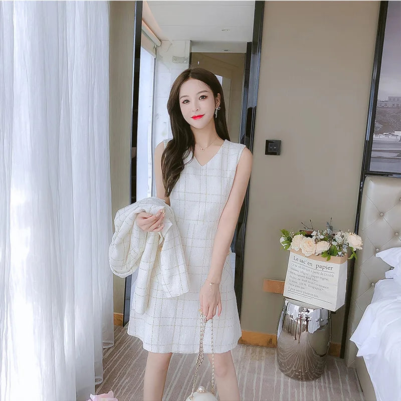 Women Checkered tweed Blazer 2-Piece Set Elegant Small Fragrance Wind Outfit Cropped Jacket+Mini Dresses Suit for Spring Autumn