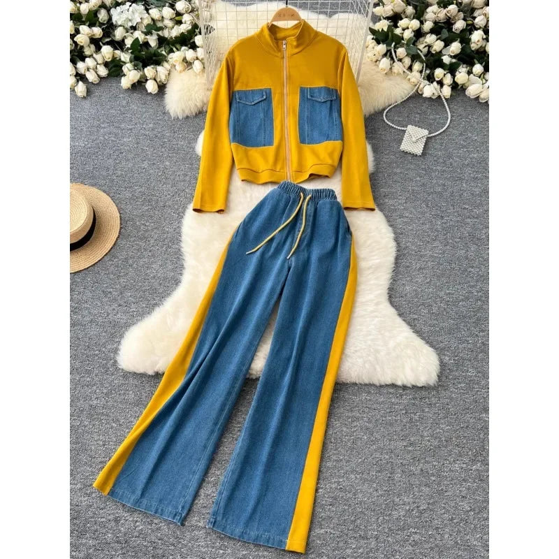 Fashion Two Piece Set Women Autumn Casual Sports Versatile Stand Up Collar Zipper Long Sleeved Top Jacket + Denim Patchwork Pant