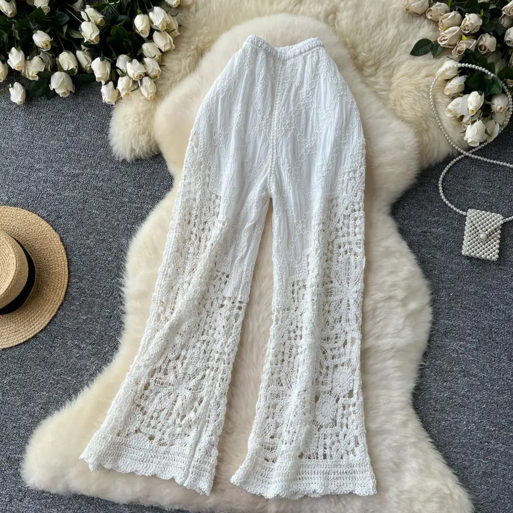 Korean Fashion Women Knitting Trousers Autumn Embroidery Splice Hollow Out High Waist Loose Casual Beach Long Wide Leg Pants New
