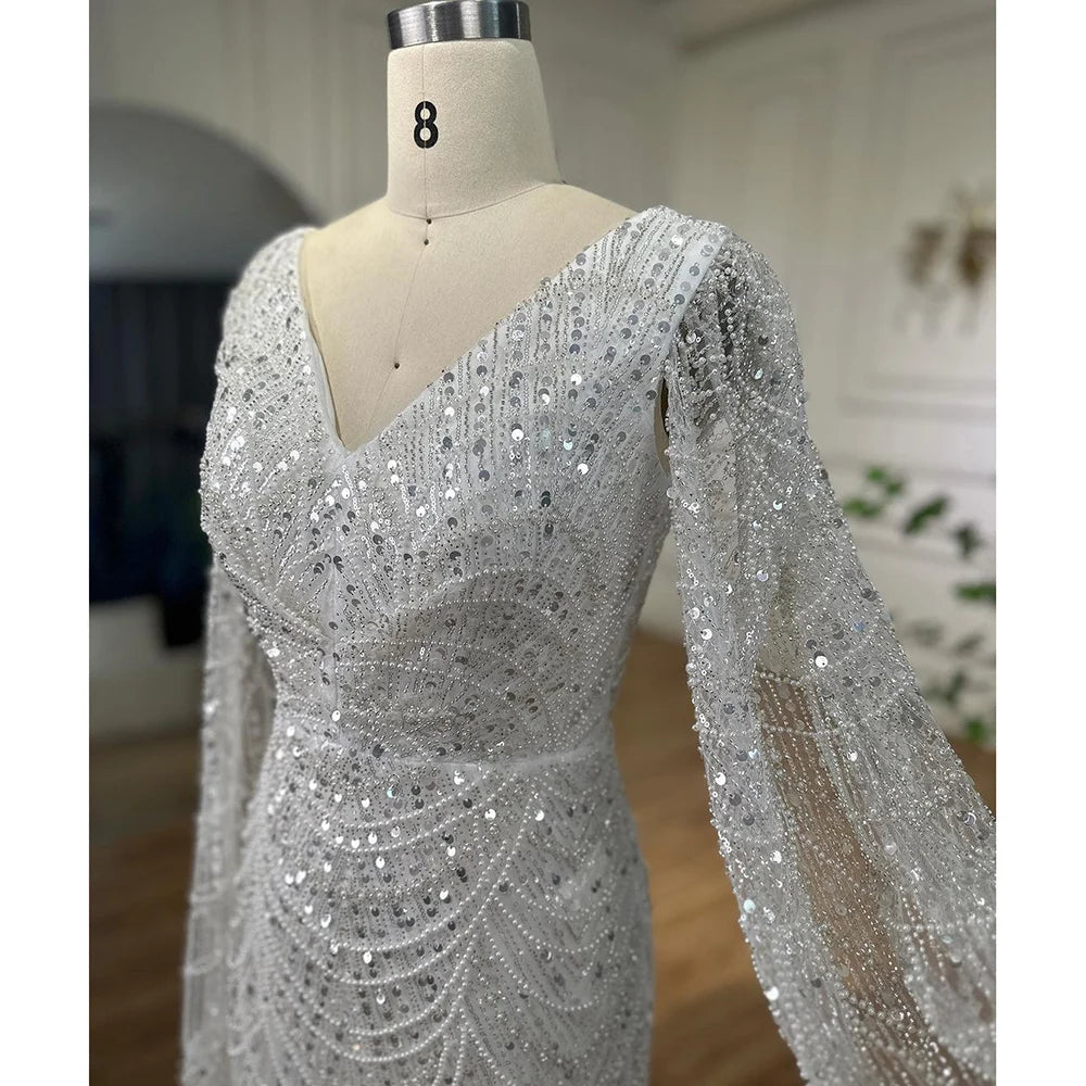Serene Hill Arabic White Luxury Pearls Beaded Mermaid Cape Sleeves Evening Gowns 2024 For Women Wedding Party LA72160