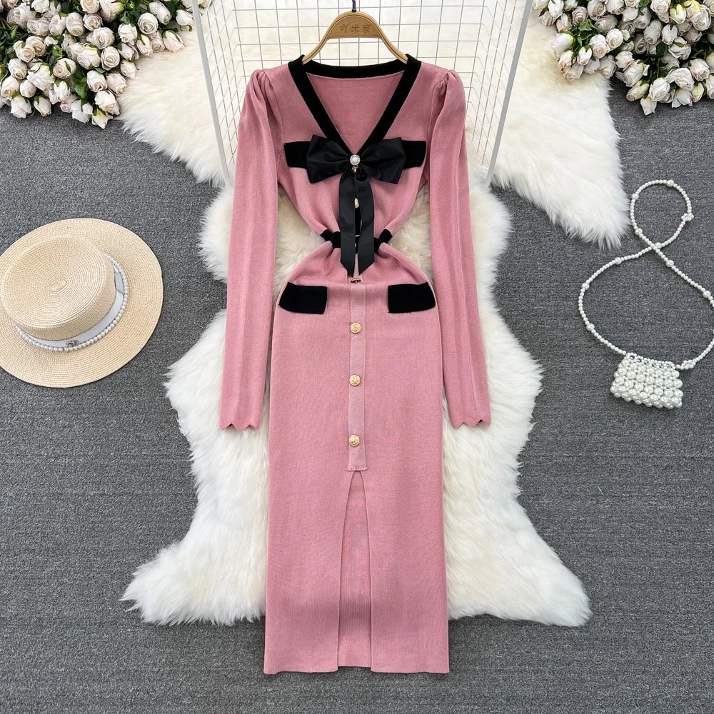Women Elegant Butterfly Long Sleeve Bodycon V Neck Split Dress Vintage French Slim Knit Tight Vestido Autumn Winter Sweater Robe