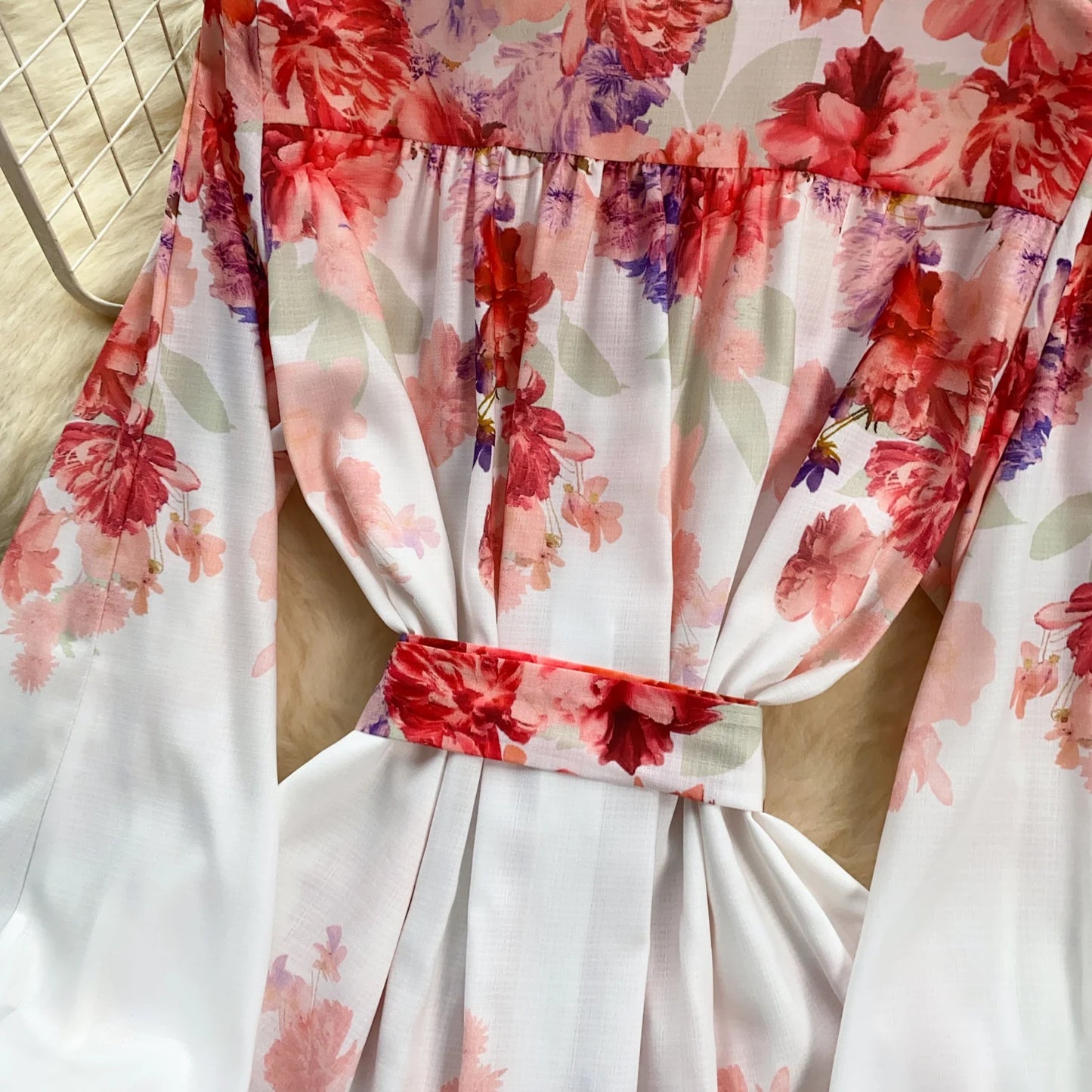 Elegant Casual Women Pleated Print Mini Dress Vintage Lace-up Lantern Sleeve Ruffles Short Dresses Female Party Clothes Robe
