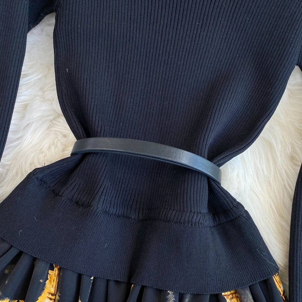 Women Chic Long Sleeve Stand Collar Patchwork A-line Dress Vintage Korean Fashion Knit Vestido Elegant Autumn Winter Knitwear