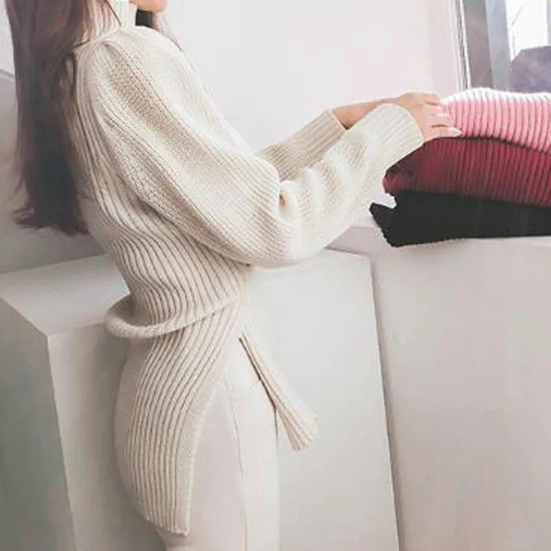Elegant Half High Collar Strap Waist Tight Fit Design Fashionable Long Sleeve Sweater Women's Autumn/Winter New Warm Sweaters