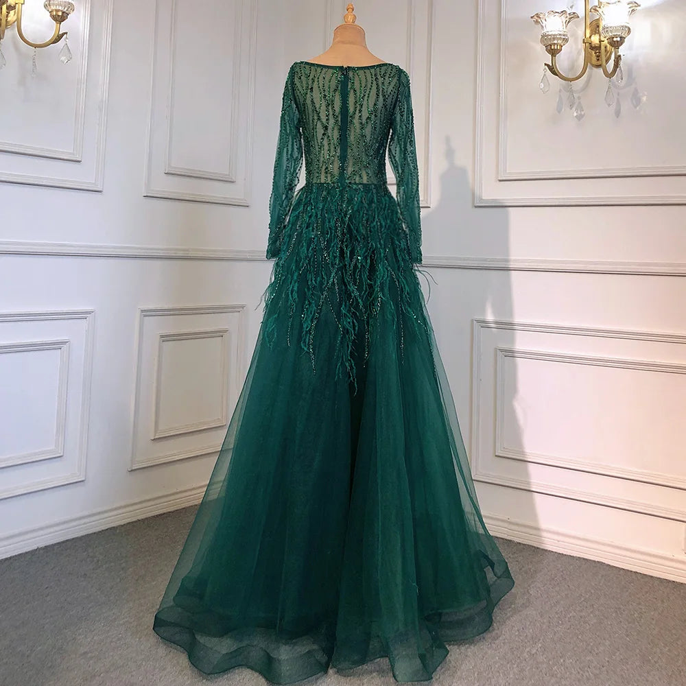 Serene Hill Arabic Red Elegant A Line For Women Long Sleeves Evening Dress Luxury Beaded Handmade Feathers 2024 LA71468