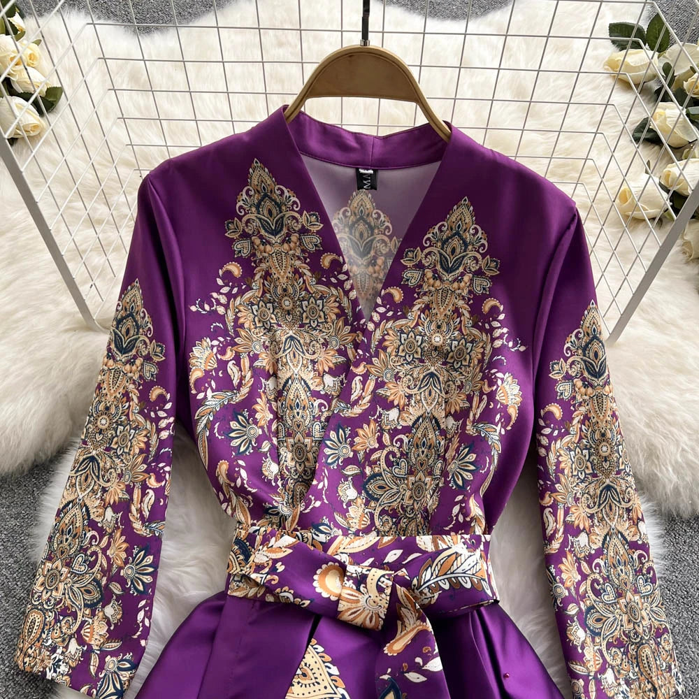 Pinkou Women Elegant Print Maxi Dress Cross V Neck Bow Tie Sashes Three Quarter Sleeve Female Chic Wrap Dresses Vestido QA815