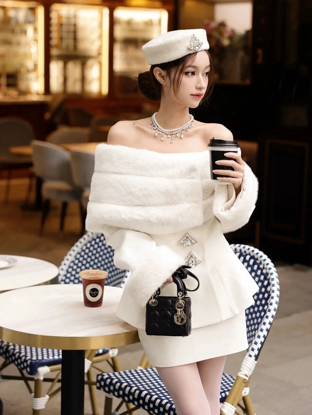 Off Shoulder Removable Faux Fur Shawl 2-Piece Set Elegant Luxury Old Money Style Set Coat+Hip Wrap Short Skirt Spring Female