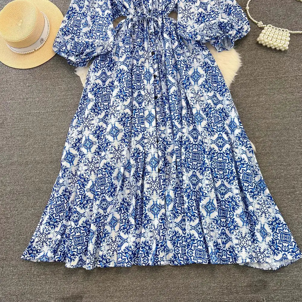 Elegant Women Casual Floral Print Party Dress Vintage Lantern Sleeve A-Line Pleated Prom Birthday Clothes Female Fashion Robe