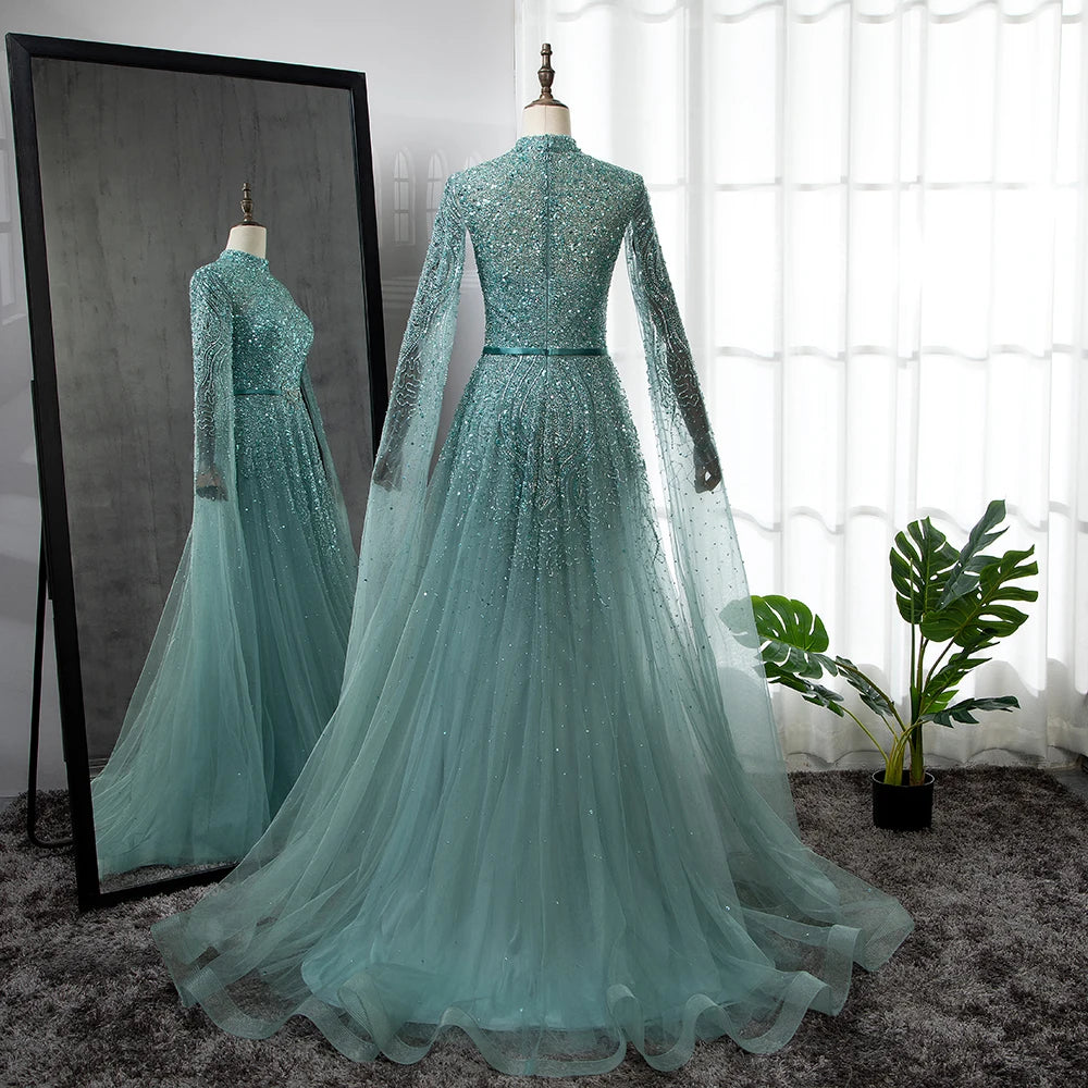 Serene Hill Blue A-Line High-end Beaded Luxury Cape Sleeves Evening Dresses Gowns 2024 For Woman Party Plus Size LA70066B