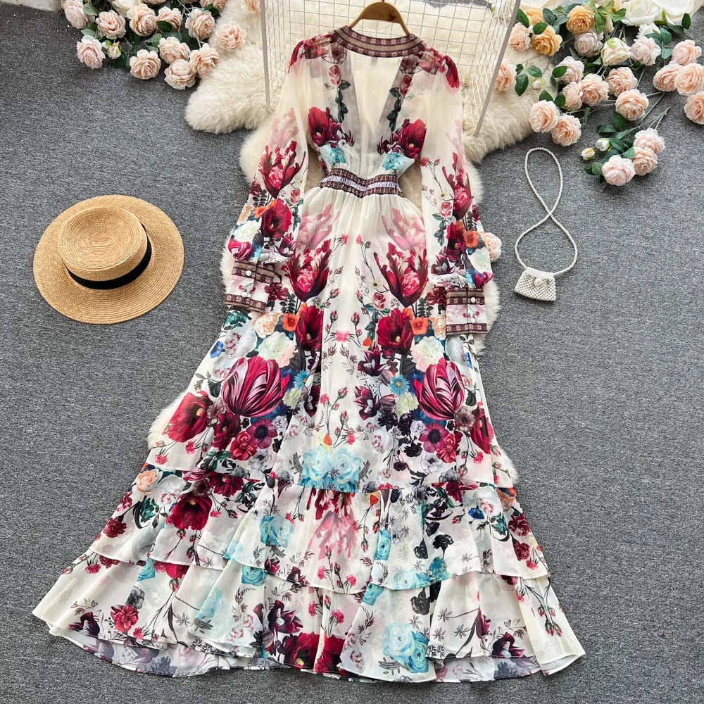 Retro Floral Print Pleated Elegant Chiffon Maxi Dress A-line Mesh V Neck Beach Vacation Party Dress Women Summer Spring Vestidos