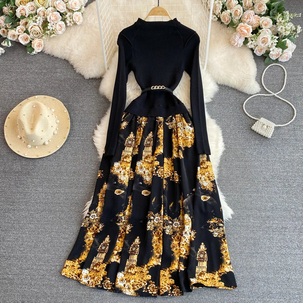 Women Chic Long Sleeve Stand Collar Patchwork A-line Dress Vintage Korean Fashion Knit Vestido Elegant Autumn Winter Knitwear