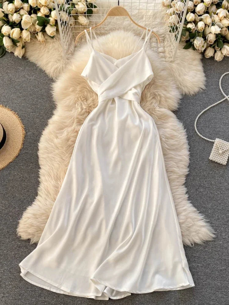 New Women Casual Long Dress Summer Cross V-neck Sexy Off-shoulder Dresses Ladies Sleeveless Slim Satin Long Robe Vestidos
