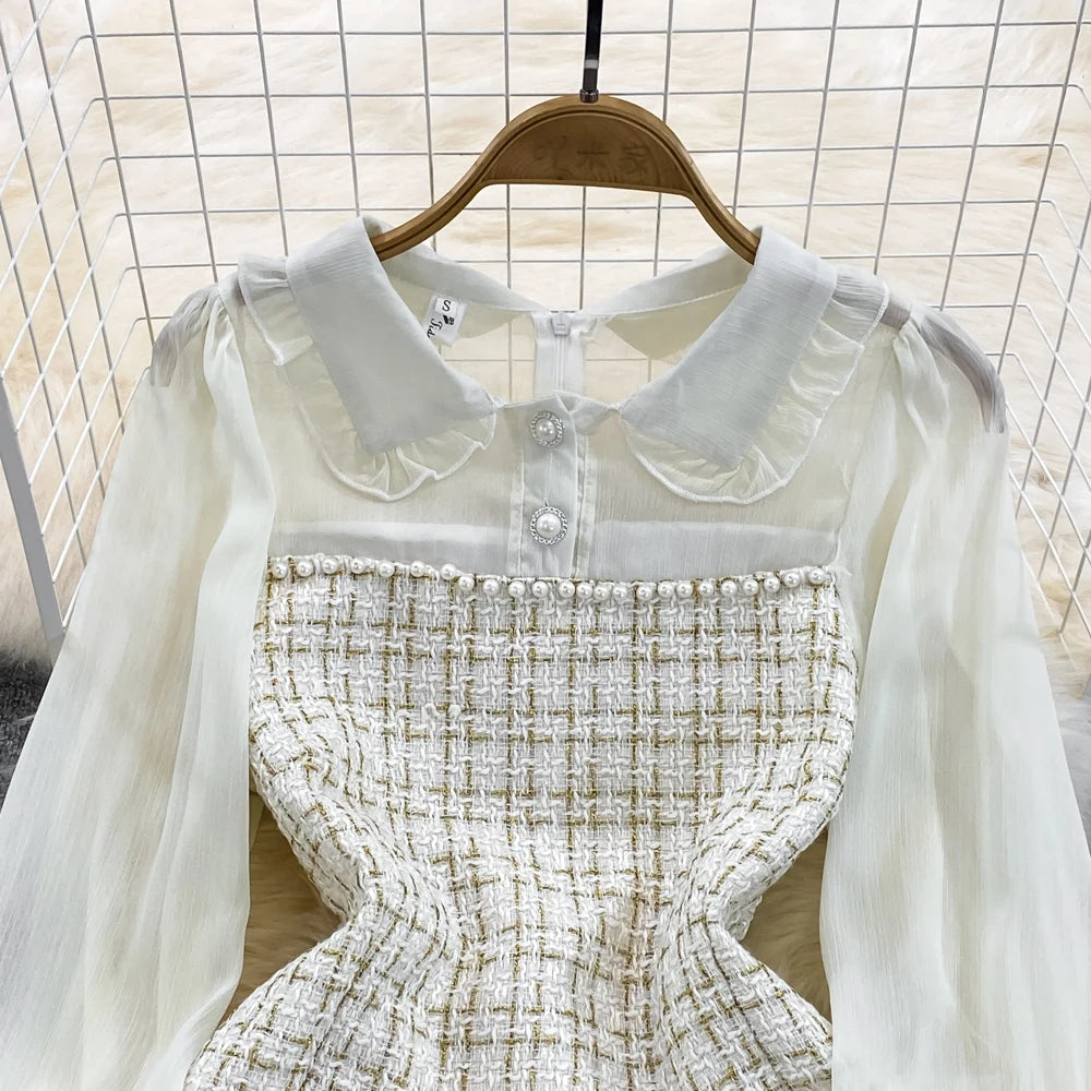 Autumn Fashion New Women Tweed Plaid Mini Dress Elegant Chiffon Patchwork Long Sleeve Dresses Female Casual One Piece Clothes