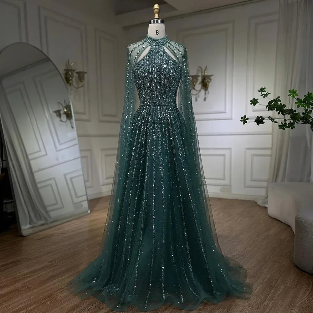 Serene Hill Arabic Turquoise A Line Cape Sleeve Beaded Luxury Dubai Evening Dresses Gowns For Women Wedding Party 2024 BLA72306A