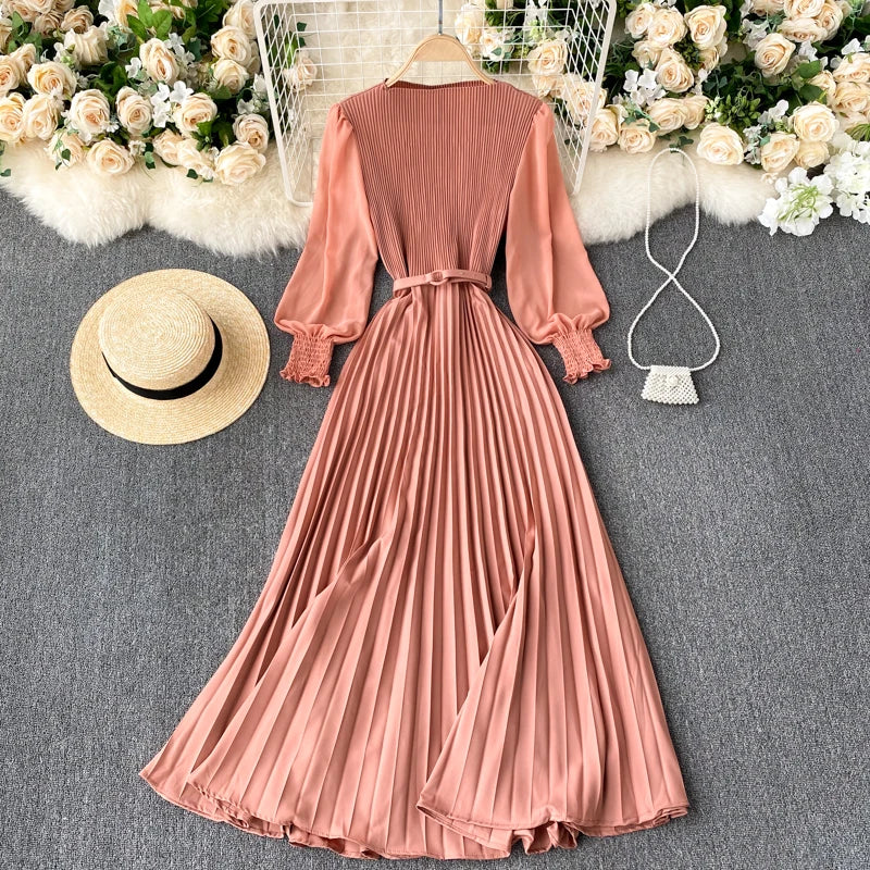 Chic Pleated Elegant Puff Sleeve Dress A-line Chiffon High Waist Belt Beach Vacation Party Dress Women Summer Spring Vestidos
