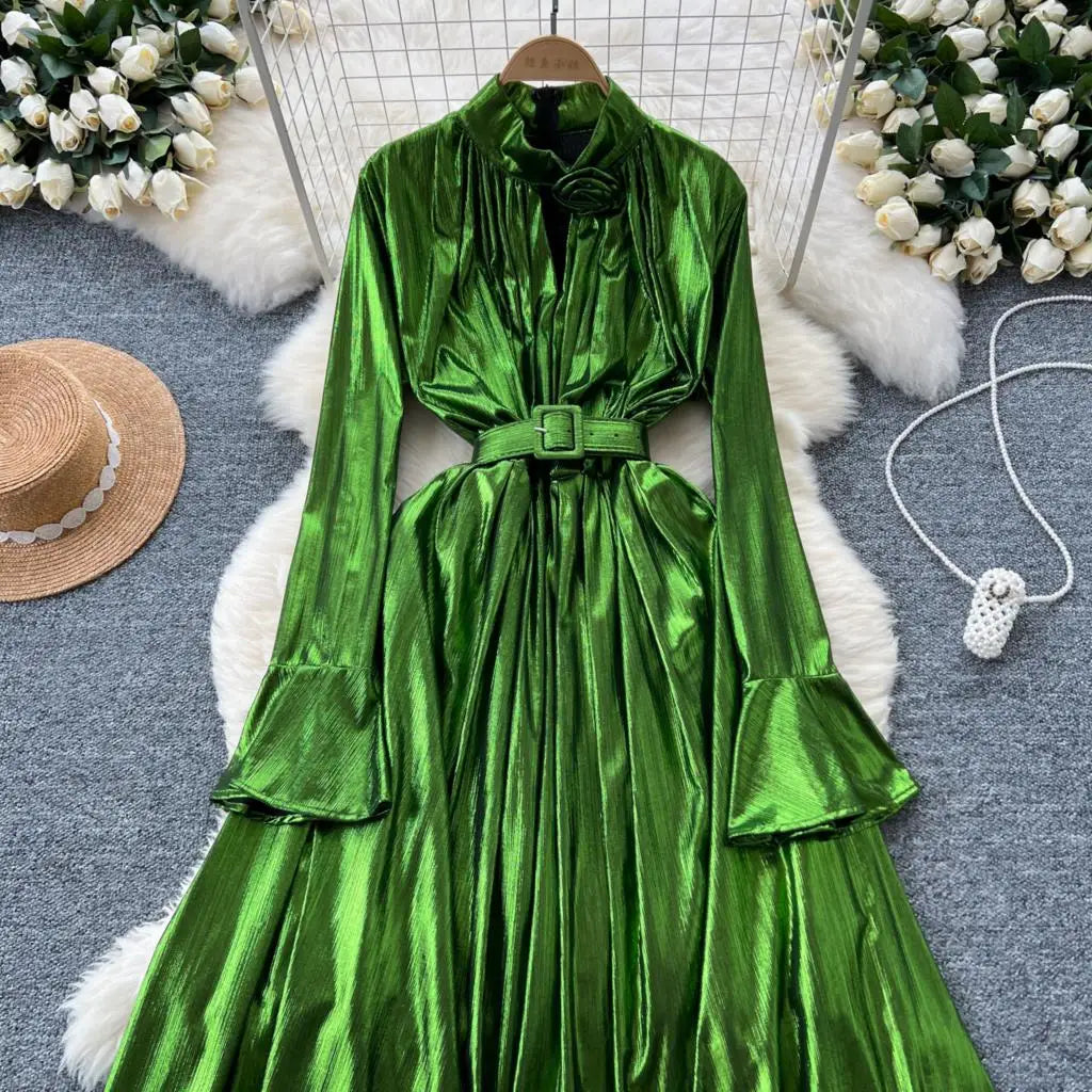 Autumn Vintage Pleated Women Long Dress Elegant Stand Collar Solid A-Line Party Prom Vestidos Female Birthday Clothes Mujers