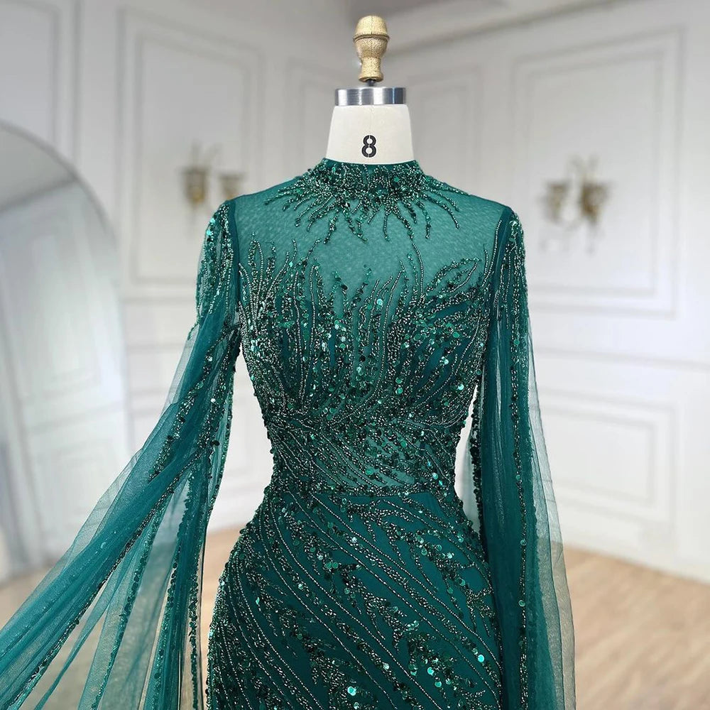Serene Hill 2024 Nude Cape Sleeves Mermaid Lace Beaded Luxury Dubai Long Evening Dresses Gowns for Women Wedding Party BLA71885A