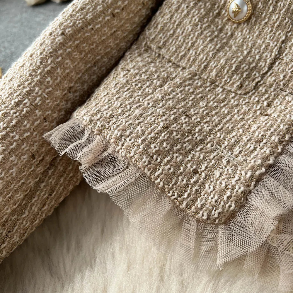 Elegant Small Fragrance Two-Piece for Women's Strap Mesh Midi Dress+Short Thick Tweed Jacket for Women's Spring and Autumn Set