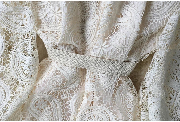 French Vintage Lace Dress Women Elegant Lantern Sleeve Party Long Dress with Belt ladies Slim A-line Spring Autumn Long Robe