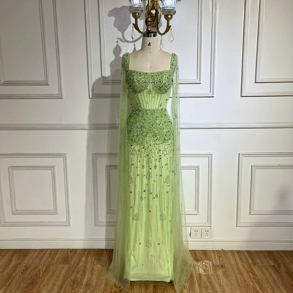 Serene Hill Arabic Gray Mermaid Beaded Luxury Dubai Long Evening Gown with Cape Sleeves Elegant for Women - Party 2024 BLA72592