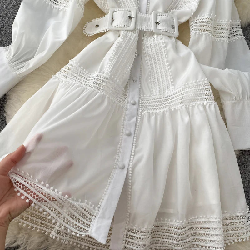 Wedding Guest Dresses For Women Lace Trim Luxury Party Dress Stand Collar Long Sleeve Button Up Holiday Mini Dress With Belt