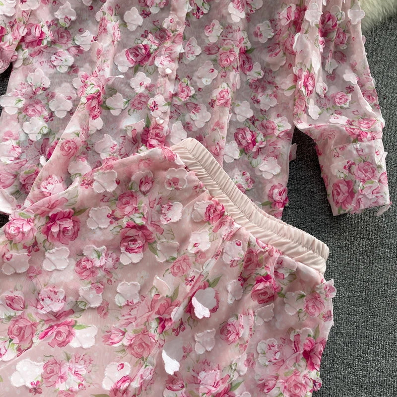 Clothland Sweet Appliqued Floral Blouse Suit Two Piece Pink Set Long Sleeve Shirts Mini Shorts Spring Set TZ228