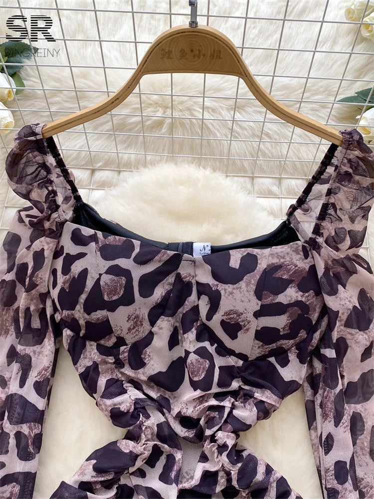 SINGREINY Autumn Leopard Mesh Dress Women Long Sleeve Square Collar Ruched Zipper Design Ladies Print Fashion Sexy Mini Dress
