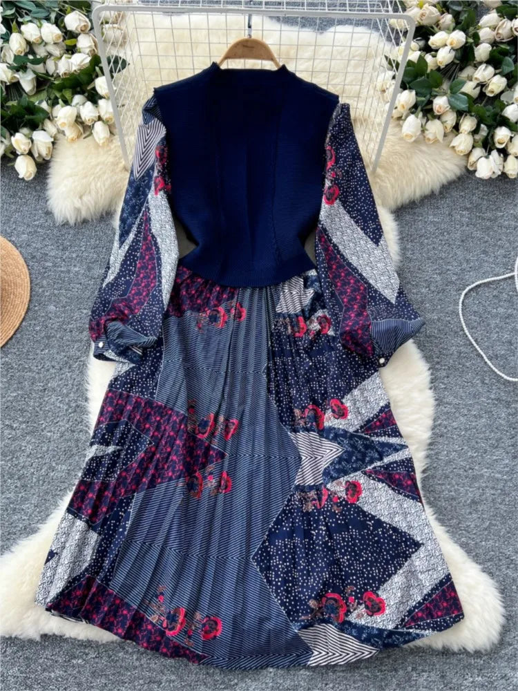 French Vintage Patchwork Print Knitted Dress Elegant and Chic Boho Beach Holiday Dresses A-Line Slim Waist Pleated Vestidos New