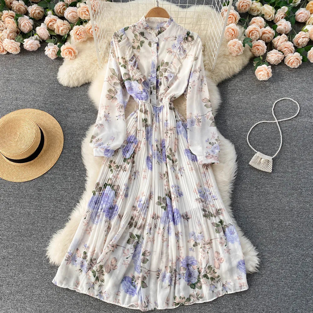Retro Floral Print Pleated Elegant Chiffon Maxi Dress A-line Fashion Beach Vacation Party Dress Women Summer Spring Vestidos