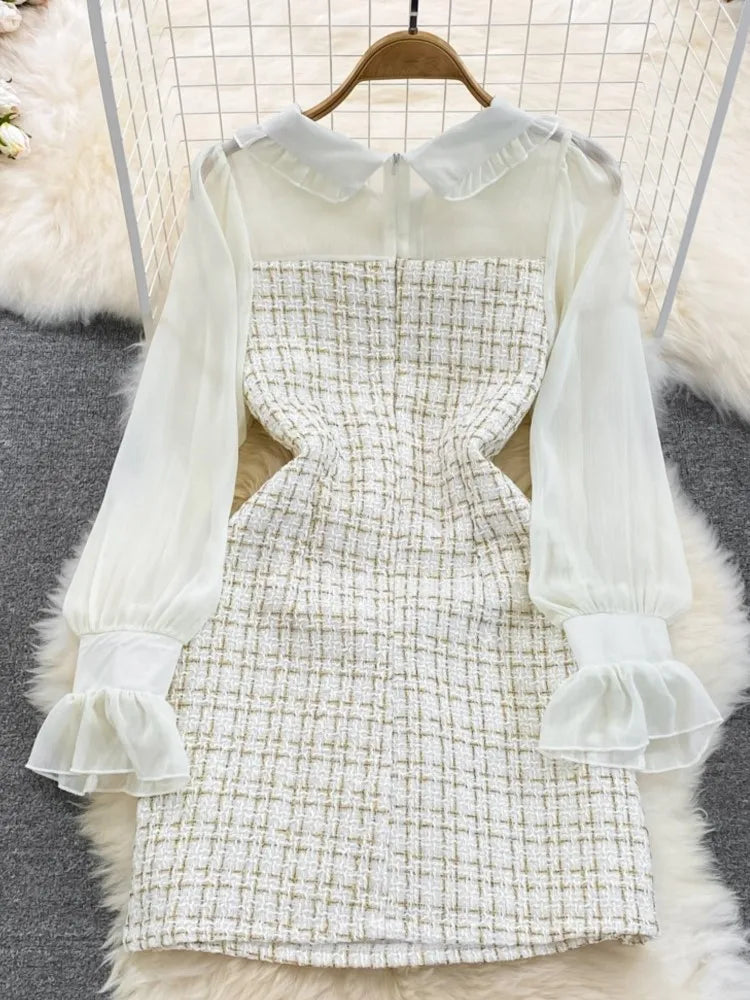 Autumn Fashion New Women Tweed Plaid Mini Dress Elegant Chiffon Patchwork Long Sleeve Dresses Female Casual One Piece Clothes