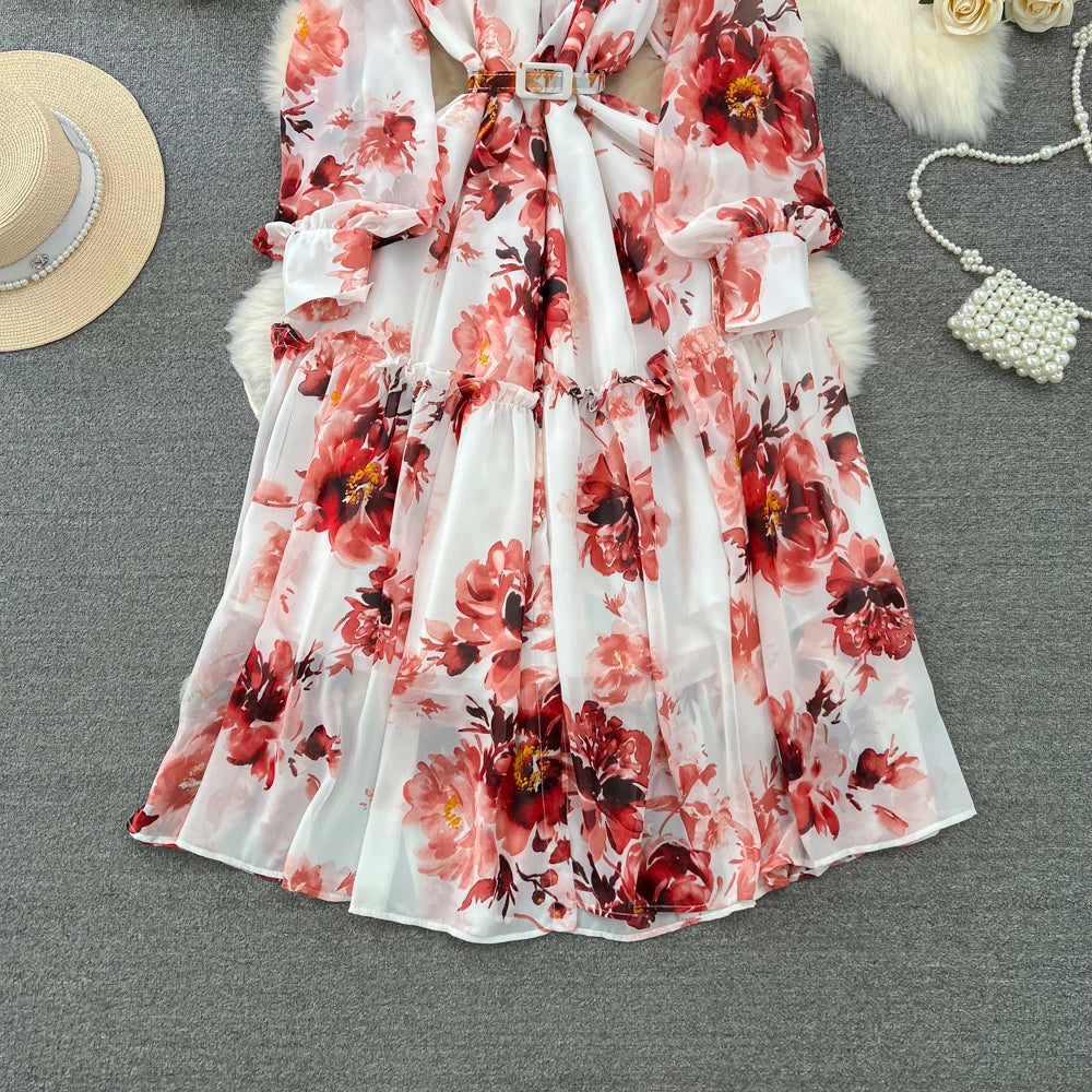 Elegant Casual Women Fashion Floral Print Long Dress Vintage Pleated A-Line Maxi Boho Beach Party Robe Female Clothes Mujers