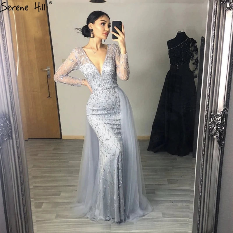 Lilac Long Sleeves Luxury Evening Dresses 2024 Dubai Elegant Diamond Mermaid Beaded Formal Dress Serene Hill LA70341