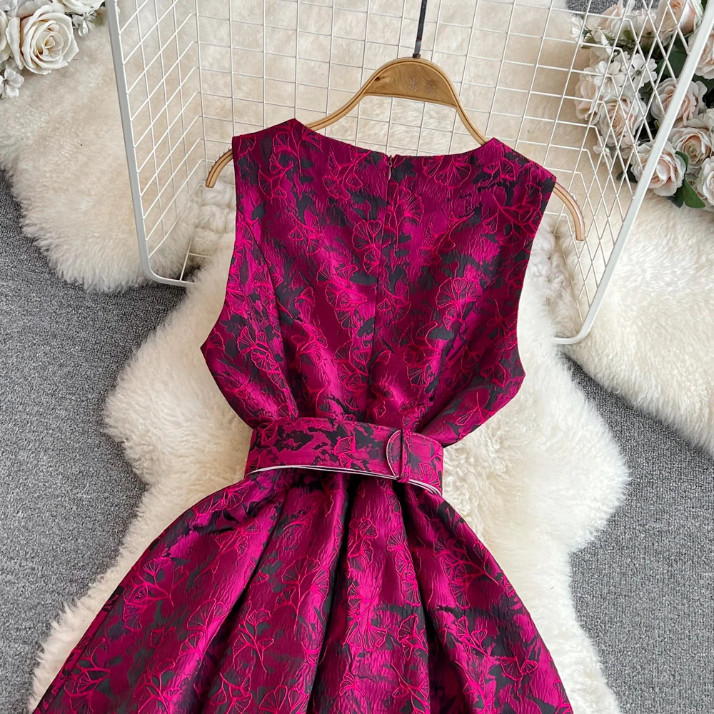 Women Vintage Floral Dresses Summer Slim A-line Sleeveless Party Dresses Ladies Elegant O-neck Casual Midi Dress Vestidos