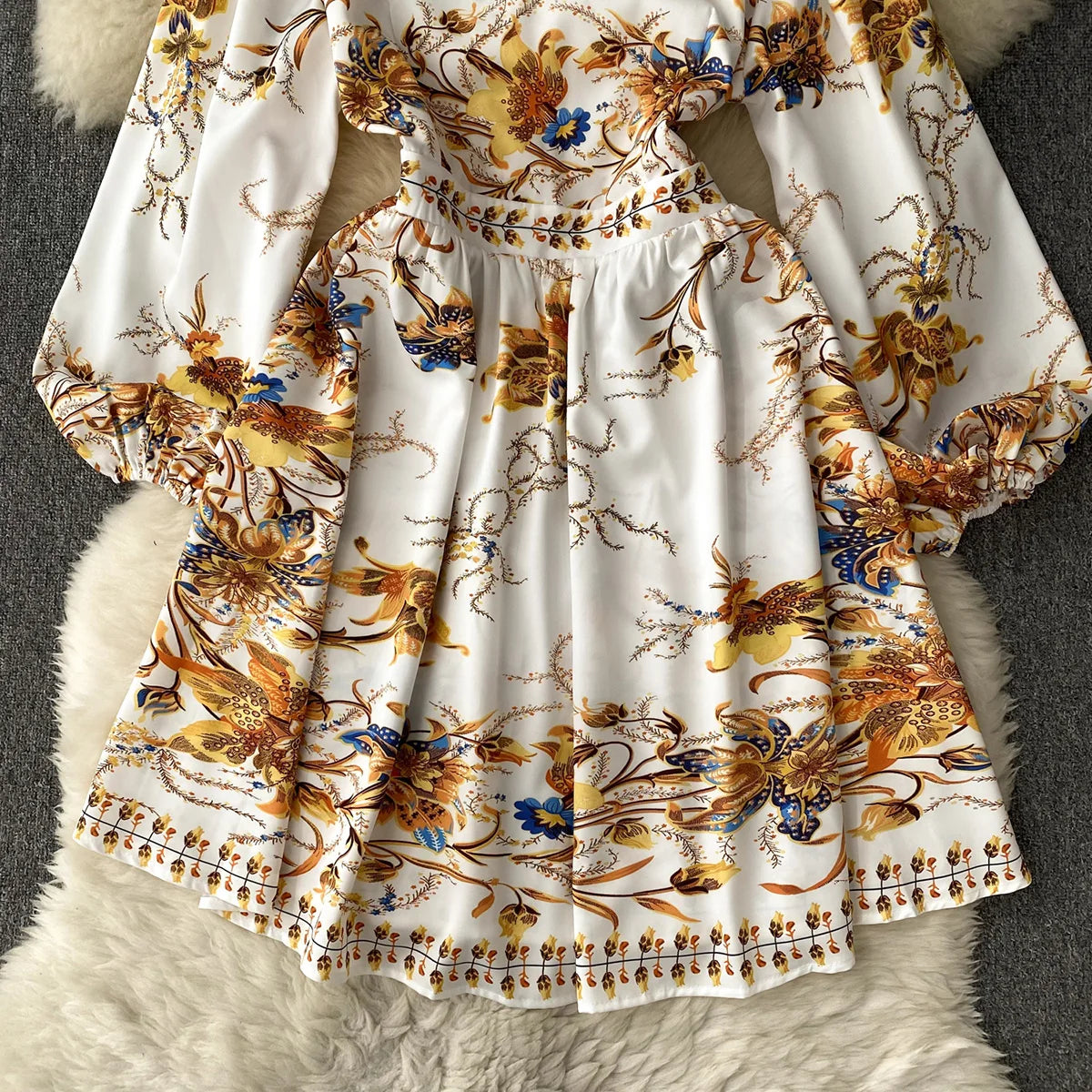 New In Dresses 2023 Fashion Women Clothing Party Elegant Vintage Print Dress Front Button Up V Neck Long Puff Sleeve Mini Dress