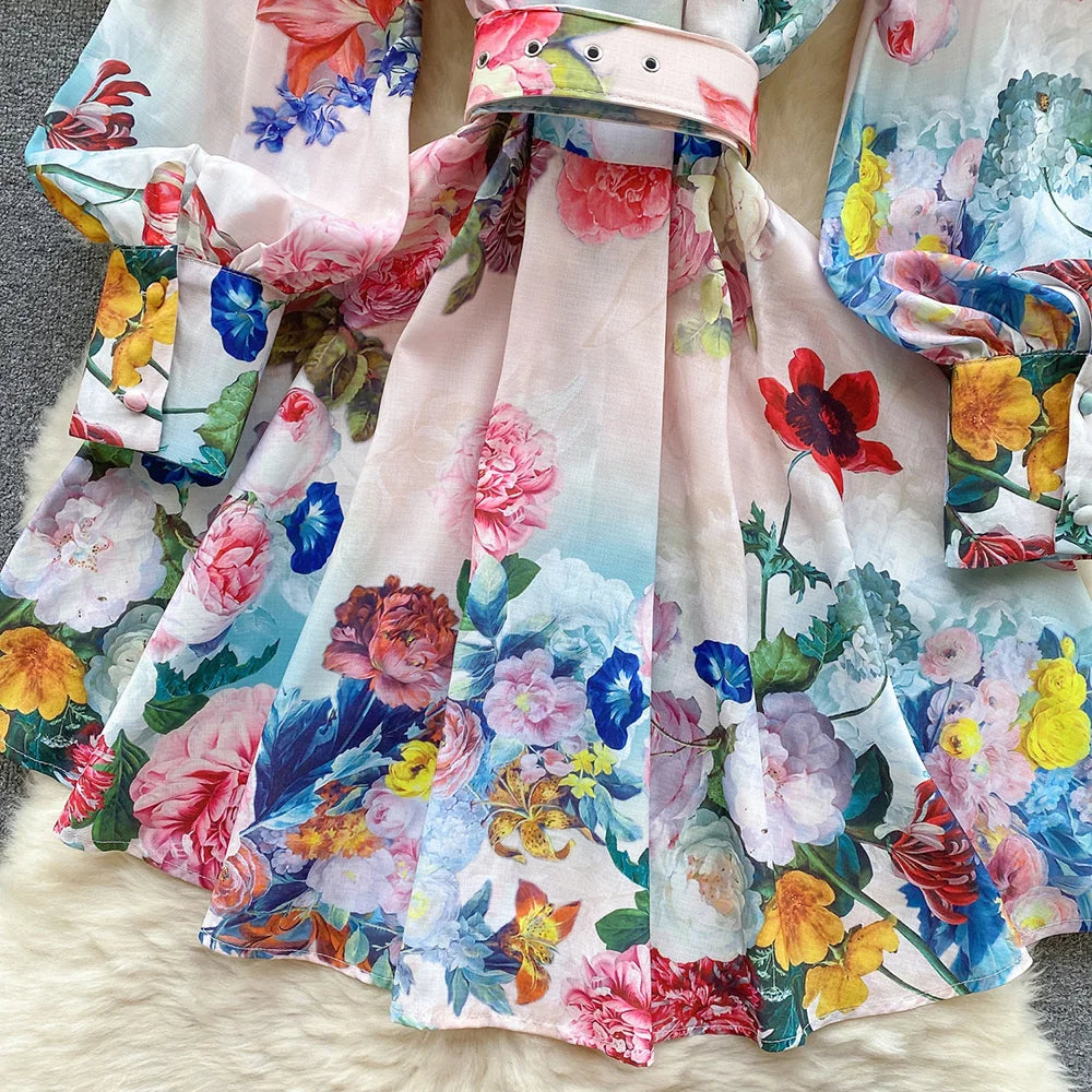 Mini Dresses For Women Frill Trim Long Sleeve Spring Vacation Dress Stand Collar Elegant Vintage Floral Print Dress With Belt