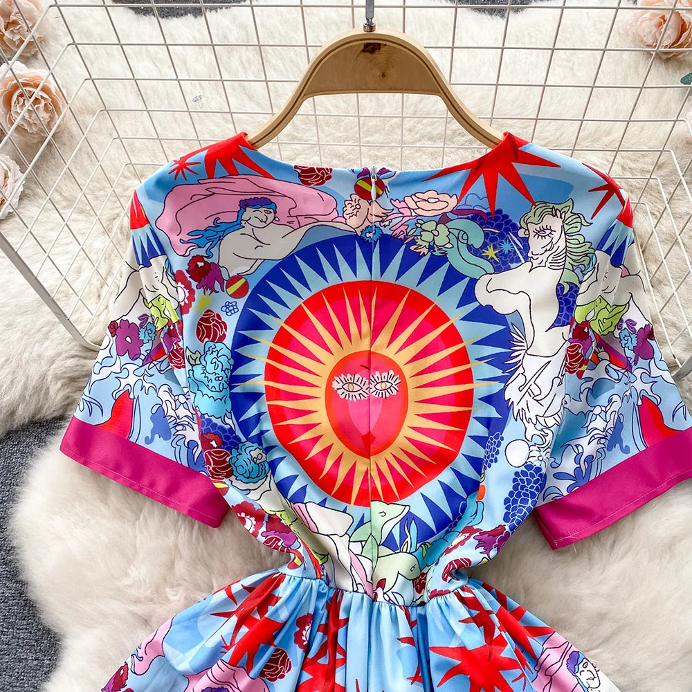 Fashion Vintage Print Summer Dresses For Women 2024 Round Neck Short Sleeve Mini Dress Elegant Party Dresses Womens Clothing